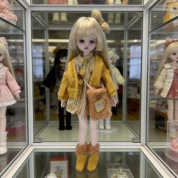 30cm YoSD 1/6 BJD Doll Clothes Set - Yellow Plaid Dress, Knit Cardigan, Bow Headband, Fuzzy Bag & Socks, Doll Accessories