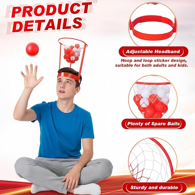 Libima 12 Pcs Head Hoop Basketball Party Game Set Portable Adjustable Basket Net Headband with Balls for Birthday Carnival Office Indoor Outdoor Activity(Red)