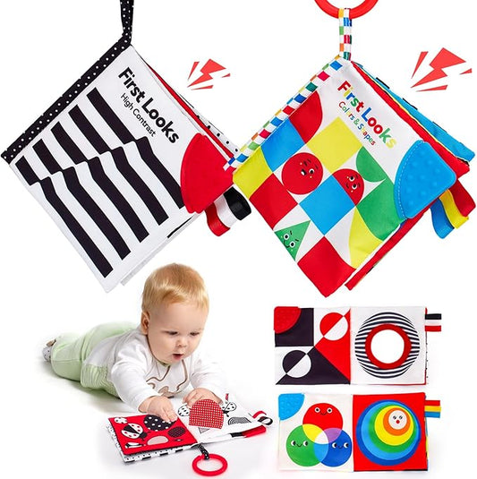 hahaland Baby Books 0-6 Months - 2PCS Infant Toys 0-6m Tummy Time Babies Toy Newborn Toys High Contrast Visual Development Sensory Book Baby Girl Boy Shower Birthday Easter Basket Stuffers