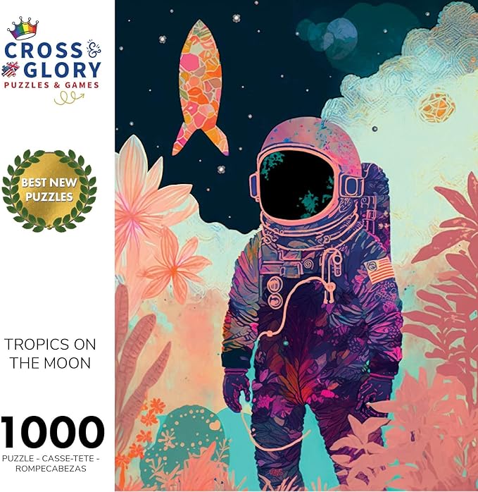 Cross & Glory - Tropics on The Moon - 1000 Piece Jigsaw Puzzle for Adults | Stunning Artwork of Astronaut and Tropical Plants on The Moon | Challenging Puzzle for Space Lovers Pieces