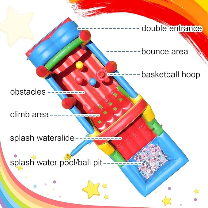 25FT Commercial Grade Bounce House for Adult, (Heavy Duty PVC)(1100W UL Blower) Inflatable Obstacle Course, with Water Slide, Splash Water Pool Ball Pit, Large Backyard Lawn Party Game