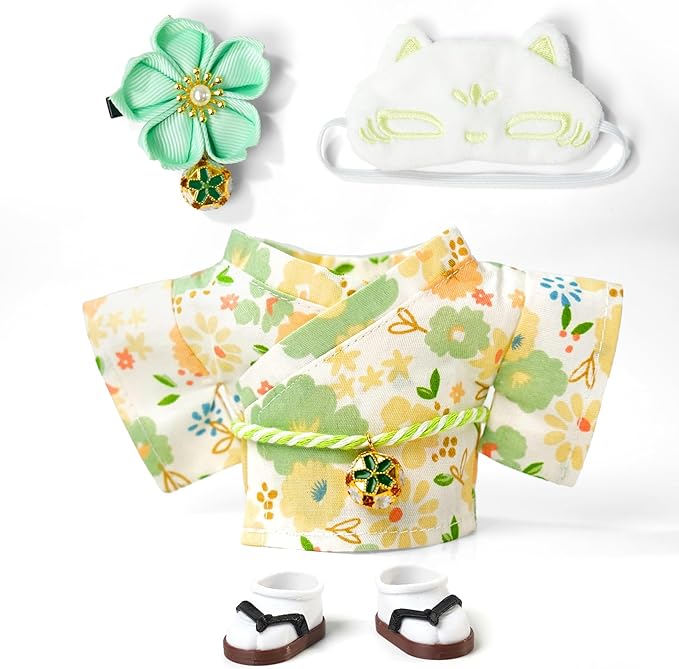 Clothes for 17cm Dolls,Outfit Accessories Kimono Set for 6.7inch Dolls Boys, Kawaii Chic Deigner Style Flower Hairbow+Green Clothing+Cute Mask+Clogs(NO Doll)