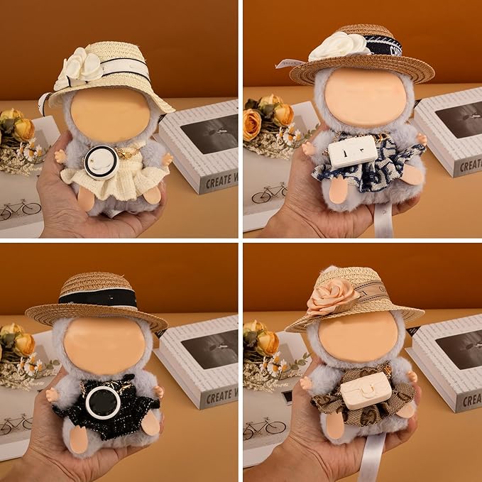 Doll Clothing Set (No Doll), Cute Cropped Straw Hat, Crossbody Bag, Dress, Suitable for 15-17cm Dolls, Outfit Accessory Set for Unique Styling (Blue-4PCS)