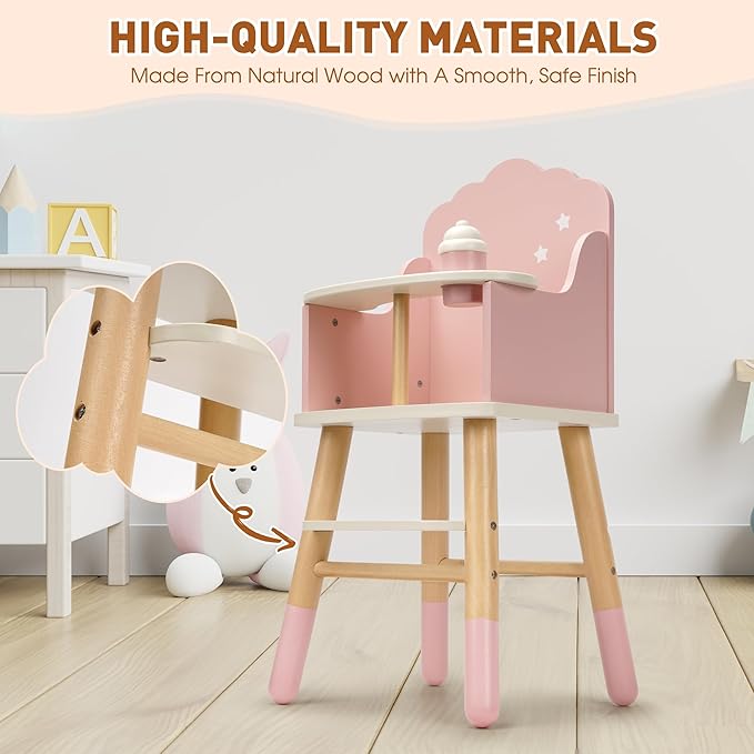 Pithfor Wooden Baby Doll High Chair, Doll Furniture, Fits Up to 18 inch Baby Dolls, 18 inch Doll Accessories - Pink