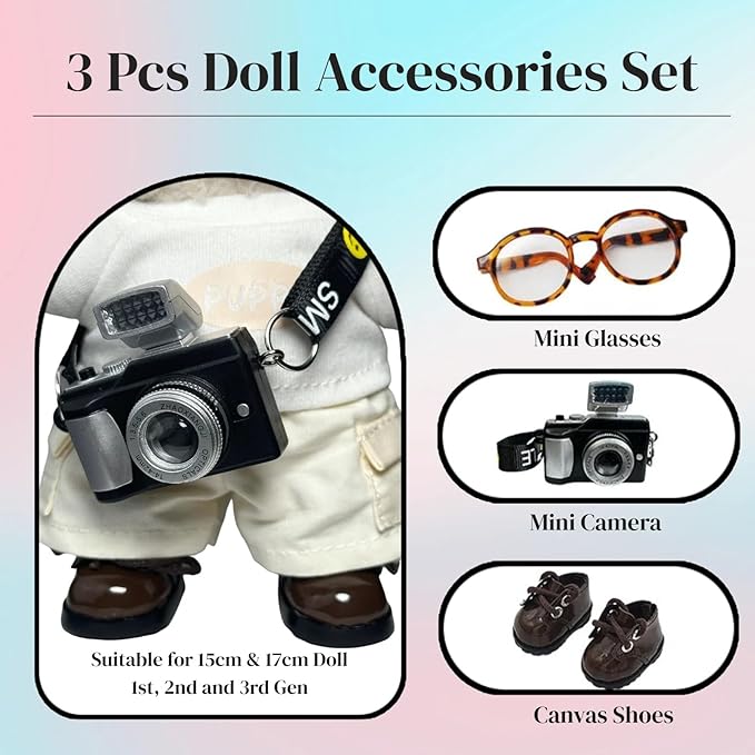 3pcs Doll Accessories Set Included Mini Glasses, Camera and Shoes for 17cm Doll, Dress Up Accessories Mini Costume Supplies for for 6.7 Inches Dolls (Set of Brown)