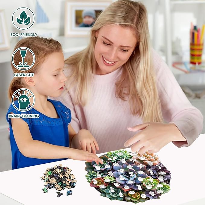 Succulents Wooden Puzzles for Adults,Round Mandala Unique Shaped Flower Liberty Jigsaw Puzzles for Adults and Kids 200 Pieces,Valentine Birthday Gifts,Fun Challenging Family Game,11.2"x11.2"
