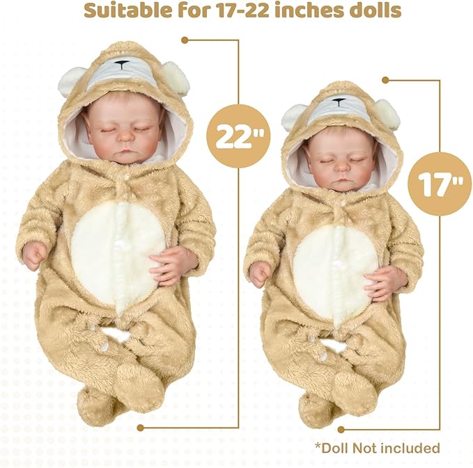 BABESIDE Reborn Baby Doll Clothes Set for 17-22 Inch Dolls Accessories, Cute Bear Baby Doll Clothes with Hat for Realistic Baby Dolls Girls & Boys, Khaki