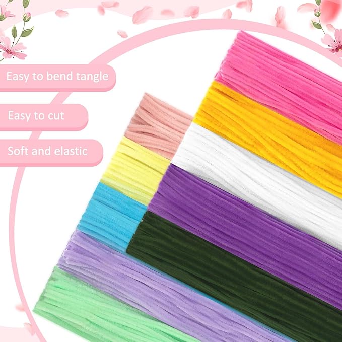 Peryiter 500 Pieces Pipe Cleaners Chenille Stems for Flowers Craft Supplies Bulk Fluffy Fuzzy Sticks for DIY Art Projects Creative Gift Wrapping Party Decorations(Colorful Flowers,12 Inch)