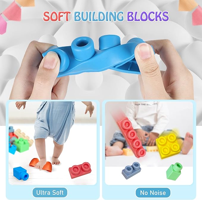 100PCS Baby Blocks Set with Storage Bucket, Building Block Toys STEM Educational Toddler Gifts, Rubber Soft Blocks for Preschool, Sensory Stacking Toys to Improve Creativity