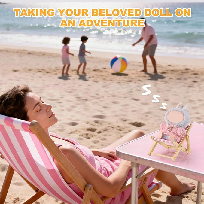 Cute Doll Car Seat for Labubu, Premium Foldable Beach Lounger for 4-7in Dolls, Beautiful Doll Display Accessories, Portable Phone Holder & Stand(Pink-White Striped Design)