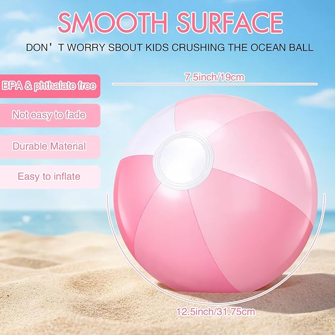 Realspring 12 Pcs Pastel Inflatable Beach Balls Kids Bulk Stripe Jumbo Big Beach Balls Pool Floating Toy for Adult Water Game Baby Shower Birthday Summer Swimming Party (Pink and White,18 Inch)
