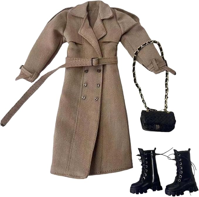 Classic Trench Coat Outfit Set for 11.5-12 Inch Fashion Dolls, Khaki Double-Breasted Coat with Belt, Quilted Handbag, Black Lace-Up Ankle Boots, 1/6 Scale Doll Accessories Miniature Couture