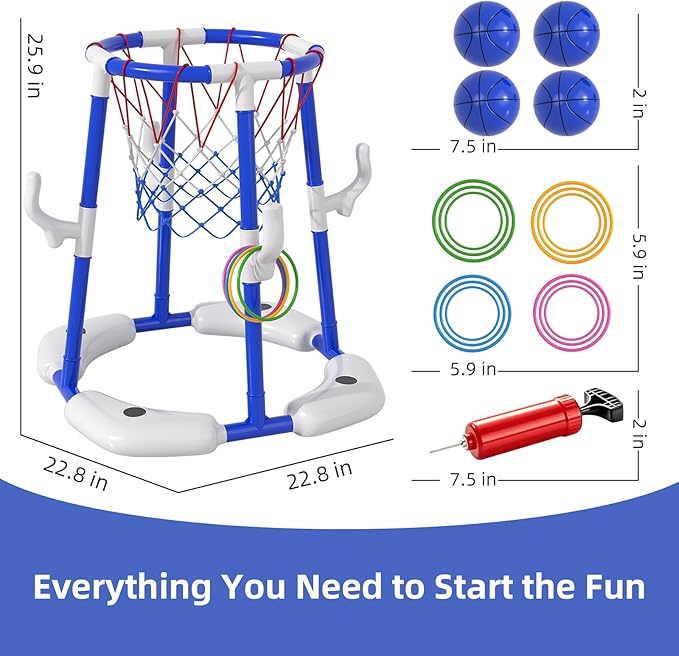 Pool Basketball Hoop for Kids 4-8 & 8-12 Years Old - 2-in-1 Floating & Above Ground Water Game with 4 Balls, 12 Rings & Pump, Outdoor Play Swimming Pool Toy for Adult Summer Party