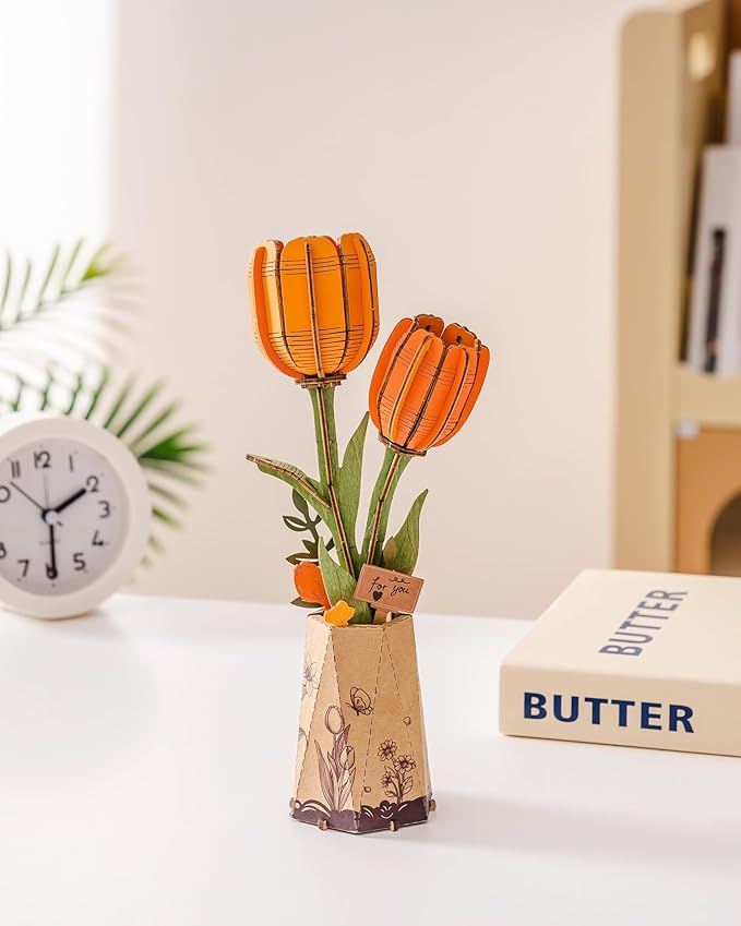 ROBOTIME 3D Puzzle Orange Tulip TW081, DIY Wooden Flower Craft, Artificial Flowers Model Kit to Assemble for Adults, Home Decoration and Valentine's Day Gift Set