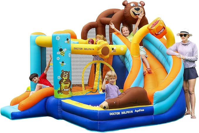 Inflatable Bounce House, Double Slide Bounce House for Big Kids, 6 in 1 Bear Jumping Castle with 450 Blower, Air Cushion, Ball Pit, Climbing Wall, Basketball Hoop
