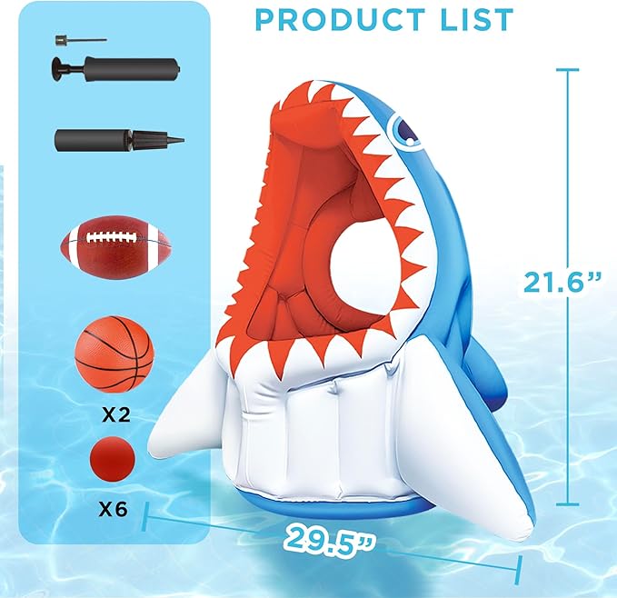 iPlay, iLearn Kids Shark Pool Toy, 3-in-1 Inflatable Pool Game Basketball Football Hoop Balls Toss Game, Toddler Floating Water Toy, Outdoor Yard Beach Summer Party Gift 3 4 5 6 7 8 Year Old Boy Girl