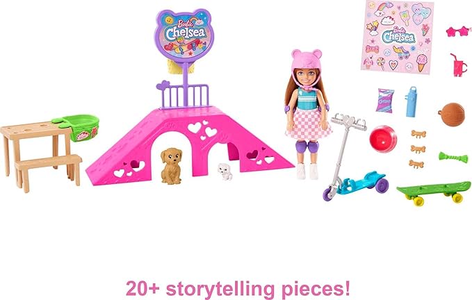 Barbie Chelsea Doll & Skate Park Playset with 2 Puppies, Skate Ramp, Scooter & 15+ Accessories, Brunette Small Doll with Blue Eyes