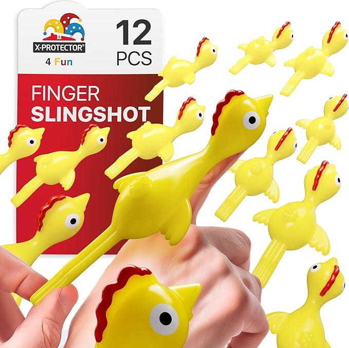 X-Protector Rubber Chicken Slingshot - 12 PCS Pack - Flying Finger Slingshot - Yellow Chicken Flingers Sling Shot Toys for Kids - Funny Adult Pinata Stuffers - Premium Slime for Fingers!