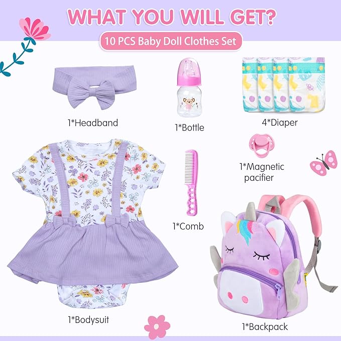 10Pcs Reborn Baby Doll Accessories Set, Purple Reborn Dolls Baby Clothes 17-22 Inch Girl Doll Outfit Floral Dress with Backpack & Feeding Babydoll Accessories