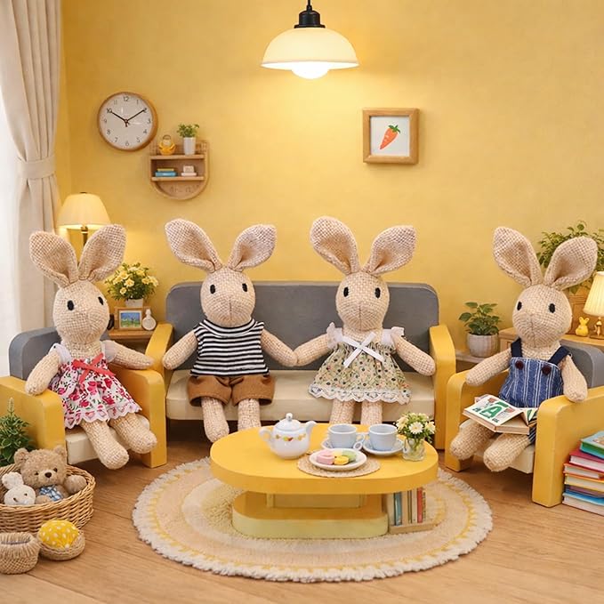 HAPGFS Handmade Rabbit Family Dolls Set of 4 with Removable Outfits & Bag, Realistic Dollhouse People Figures for Imaginative Play, Kids Room Decoration, Easter Bunny