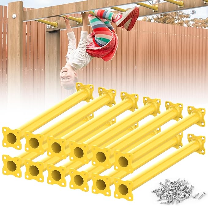 16.5 Inch Monkey Bars Kit Playground Ladder Rungs for Backyard Indoor Outdoor Kids Metal Monkey Bars Swing Set Playset Accessories (Yellow, 12 Pcs)
