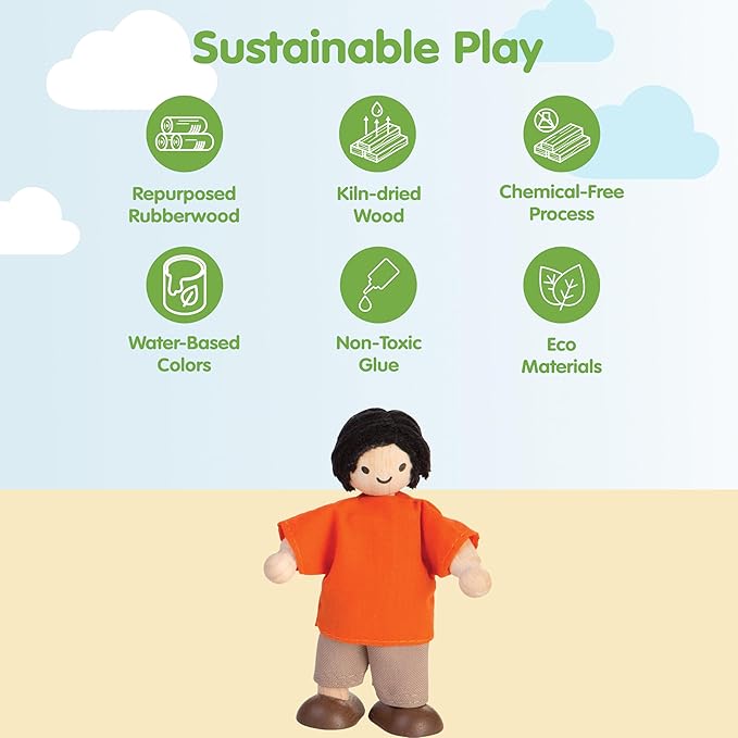 PlanToys® Boy Wooden Dollhouse Figurine | Poseable 1:12 Scale Mini Doll (4 Inch) | Dollhouse Accessories for Pretend Play | Eco-Friendly Montessori Toy for Kids Ages 3+