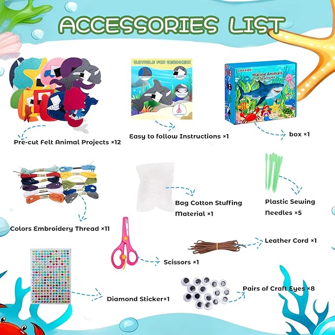 GOASION Sewing Kit for Kids, Ocean Kids Sewing Kit, Pre Punched Design for DIY Hanging Decorations, Sewing Tit for Beginners Age 8-12, Boys & Girls Birthday Gift