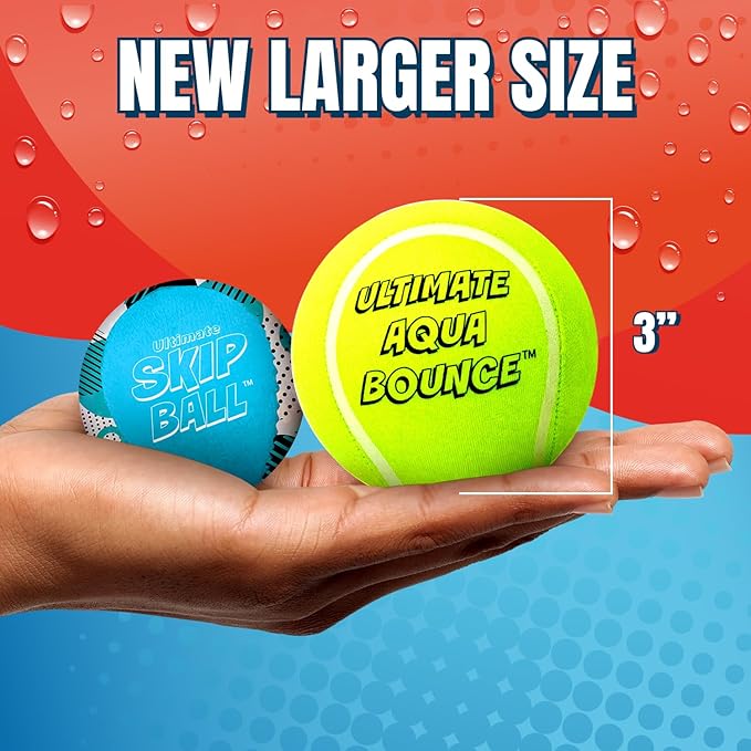 Activ Life Ultimate 2 Pack Larger 3” Water Skip Balls - Bouncing Balls for Swimming Pool & Beach Fun - Designs Include Baseball, Basketball, Volleyball, and Tennis for Kids, Friends, and Family