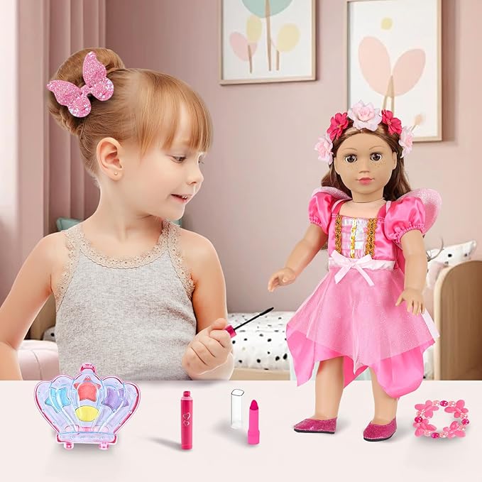 American 18 Inch Doll Makeup Accessories and Butterfly Fairy Theme Set,Included 2 Pieces Clothes,Flower Wreath Headwear,Eyelash Brush,Eye Shadow,Bracelet,Butterfly Strap and Hair Clip(NO Doll)