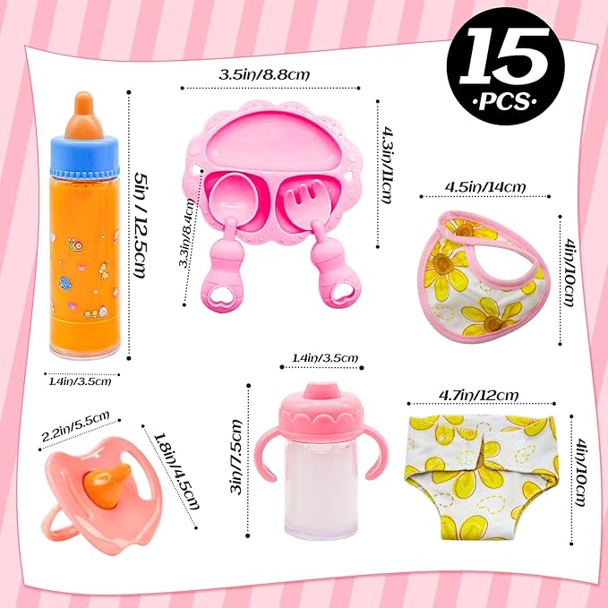 Jgalnim 15 PCS Baby Doll Accessories Magic Bottle Set,Pretend Play Feeding Toys,Doll Feeding Set with Package for Kids,Girls,Party,Gift