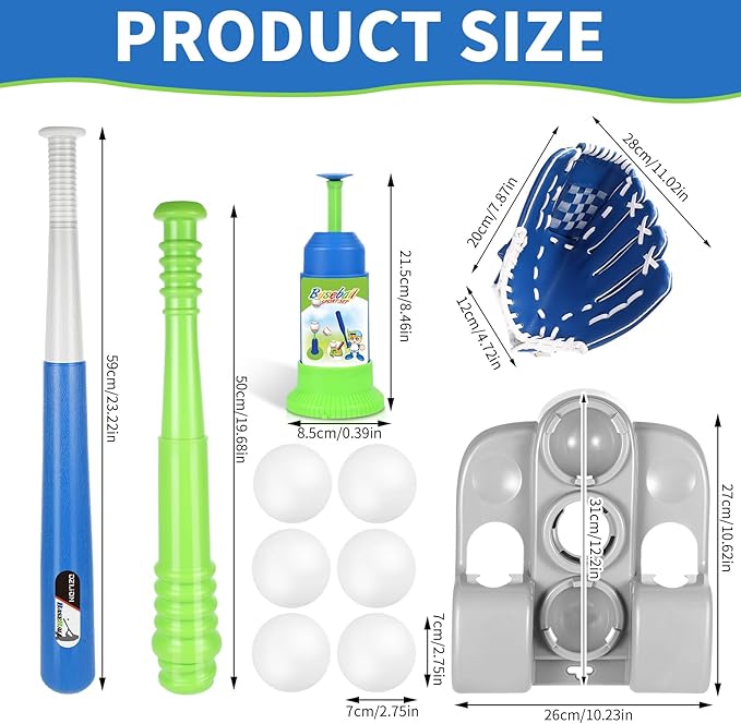 T Ball Set for Kids 3-5 5-8, Toddler Baseball Tee Ball Set for Boys Tball Set with 6 Balls, Batting Tee, Baseball Bat, Pitching Machine, Glove T Ball Stand Stocking Stuffers for Kids