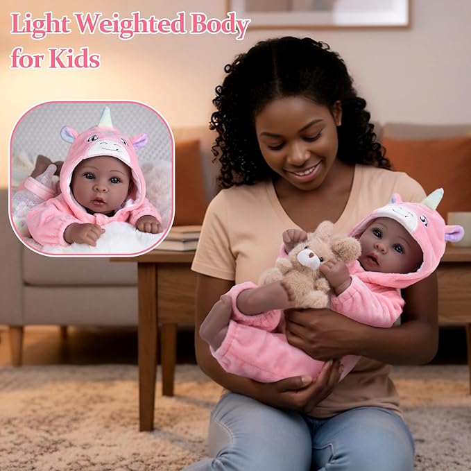 Aori 17 Inch Black Baby Dolls Realistic Black Doll with Light Weighted Soft Body & Pink Outfits for Girls 3+ | Pretend Play, Dress Up, Nursery Decor