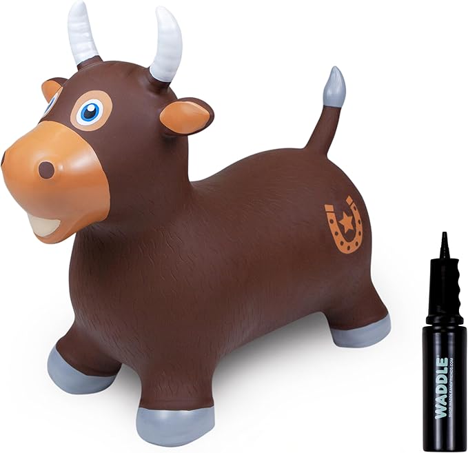 WADDLE Bouncy Hopper Inflatable Hopping Animal, Indoors and Outdoors Toy for Toddlers and Kids, Pump Included, Boys and Girls Ages 2 Years and Up (Brown Bull)