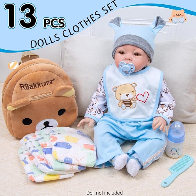 13Pcs Baby Doll Accessories Set, Reborn Baby Doll Clothes 17-22 Inch Boy Blue Outfits with Backpack + Diapers + Feeding Bottle, Babies Pretend Play Set