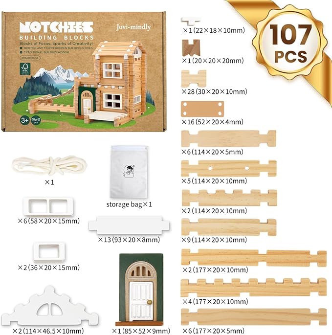 Jovi-mindly＆Notchies 107 Pcs Wooden Blocks Toys with Door and Windows,Classic Old Fashioned Toys,Wooden Building Blocks for Kids Ages 4-8 Boys and Girls,Easter Toys Gifts(No Printed Manual)