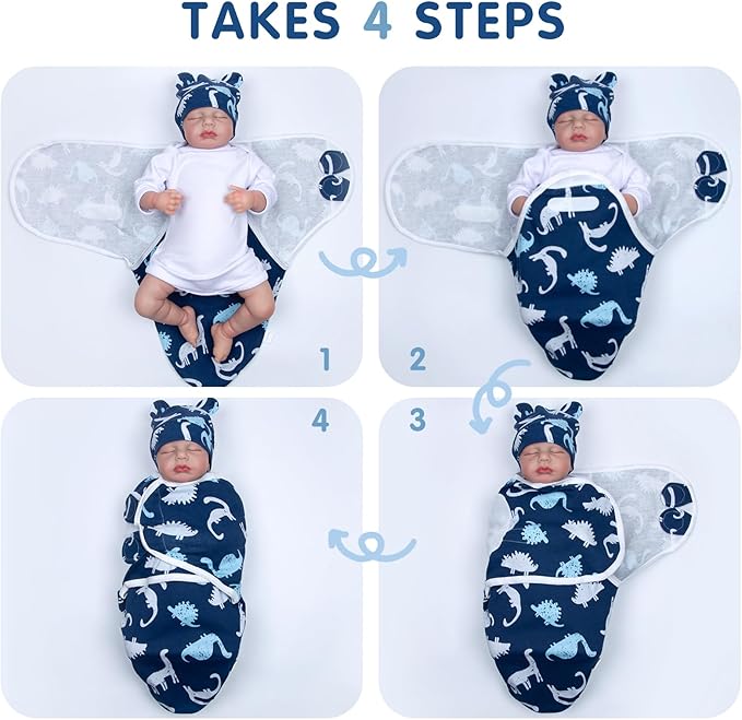 Reborn Baby Doll Clothes Outfit Accessories Swaddle Blanket & Hat 2 Pcs Set with Blue Dinosaur Patterns for 17-22 Inch Reborn Doll Newborn Boy