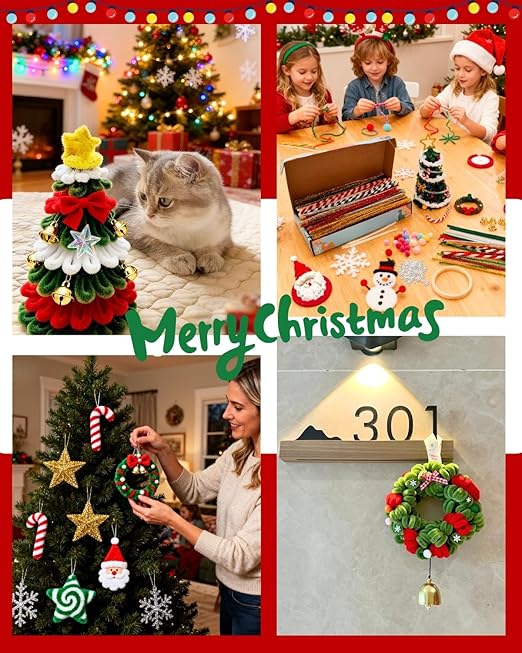 473 Pcs Christmas Pipe Cleaners Craft Set（Various Accessories）,Christmas Craft Kit with Wooden Rings,Card Paper,pom poms,Pearls for DIY Decorations,Christmas Party Supplies & Creative Gift