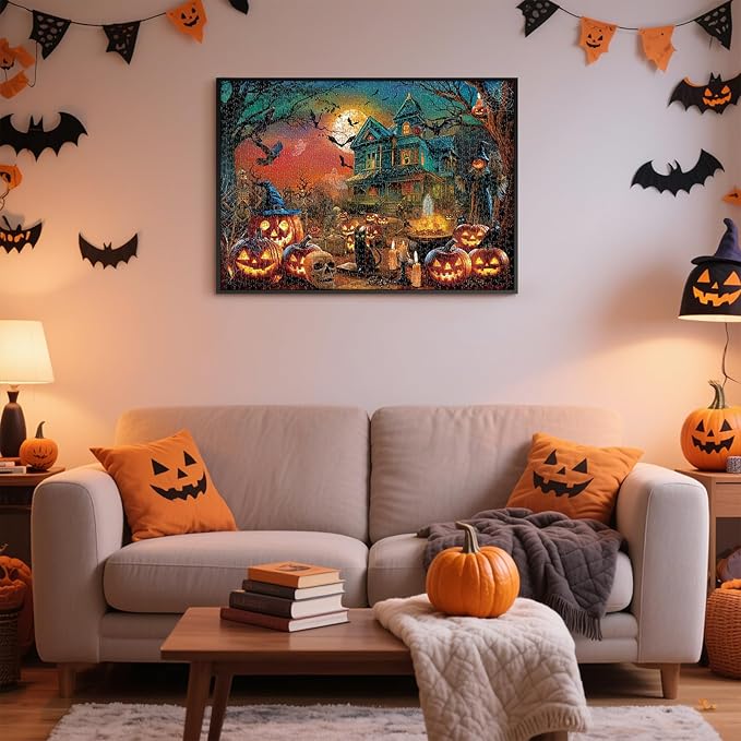 Rocorose Jigsaw Puzzle for Adults 1000 Pieces, Halloween Nightmare Puzzle Scary Ghost Jack - o - Lanterns Jigsaw Puzzles Haunted Mansion and Pumpkins