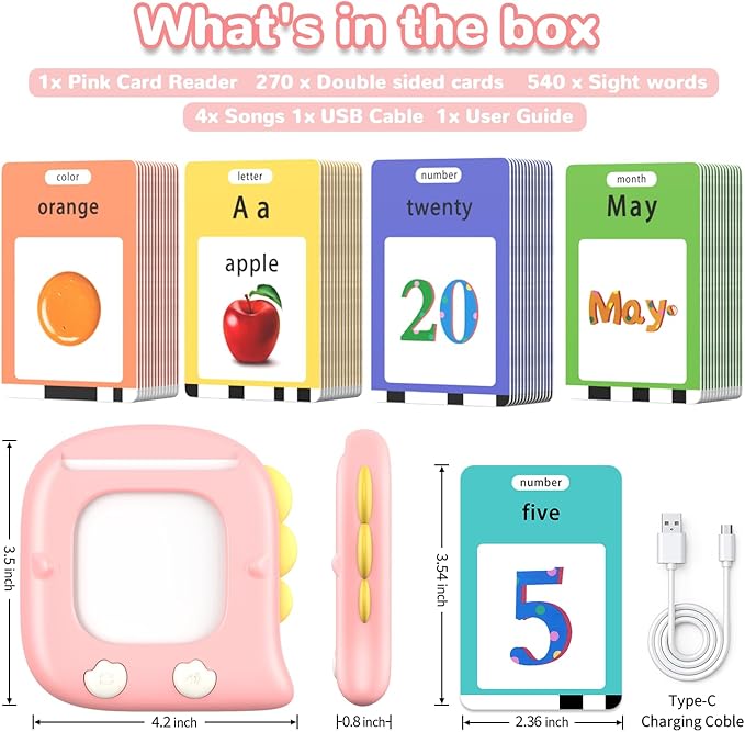 Kidzdo 520 ABCs Sight Word Talking Flash Cards for Toddlers, Easter/Birthday Gifts for 2 3 4 5 6 Year Old Girls, Early Educational Toys, Pocket Speech Learning Toys for Autistic Kids Ages 2-6, Pink