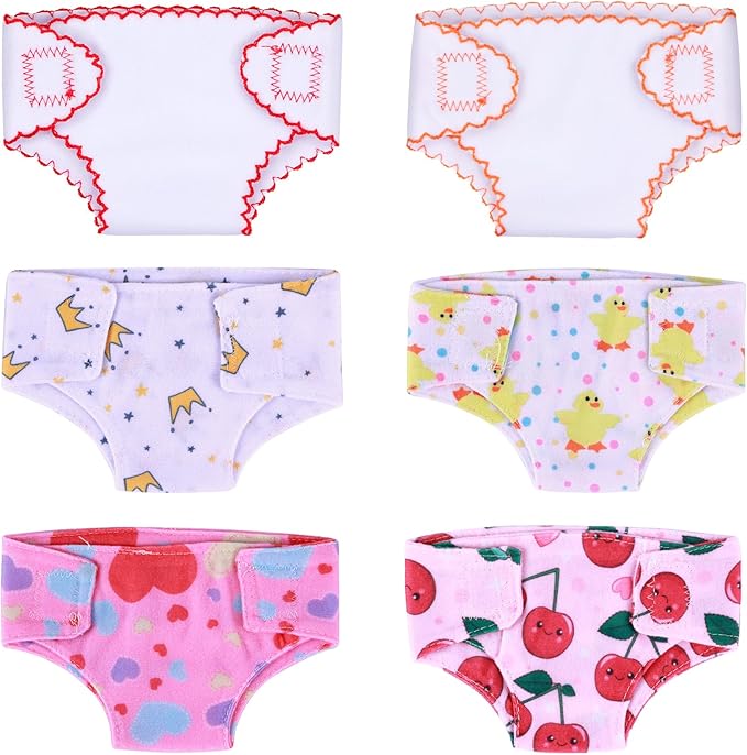 BABESIDE Baby Doll Diapers, 6 Pcs Reusable Doll Diaper Set for 12-15 Inch Dolls, Soft Baby Doll Accessories with Hook-and-Loop Closure, Cute Doll Care Pretend Play Gift for Kids 3+
