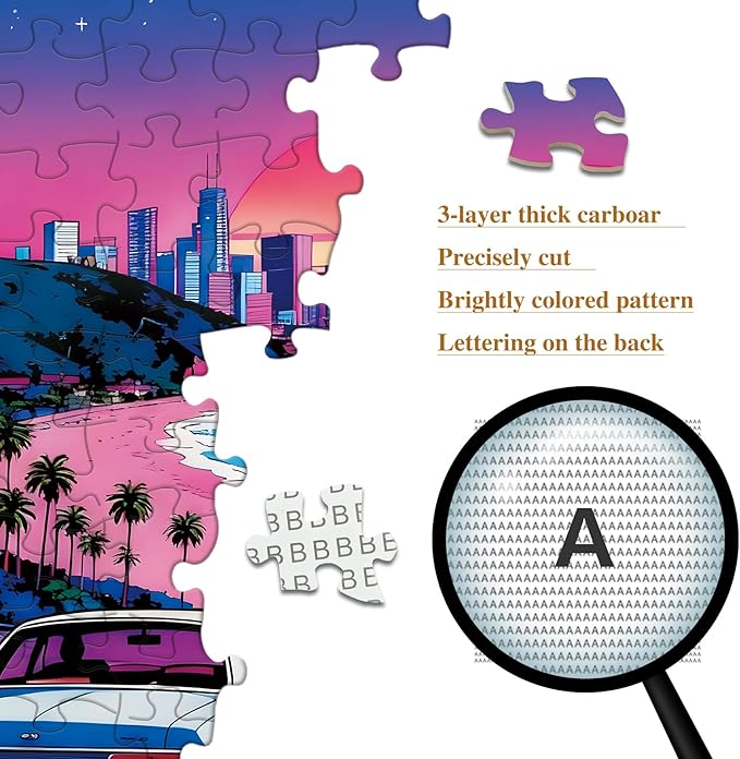 1024 Piece Adult Puzzle, Retro Neon Coastal City Sunset Jigsaw, Puzzles with Letter Markings, HD Poster, Nature Landscape Family Puzzles Wall Decor Gift for Retro Lovers Friends