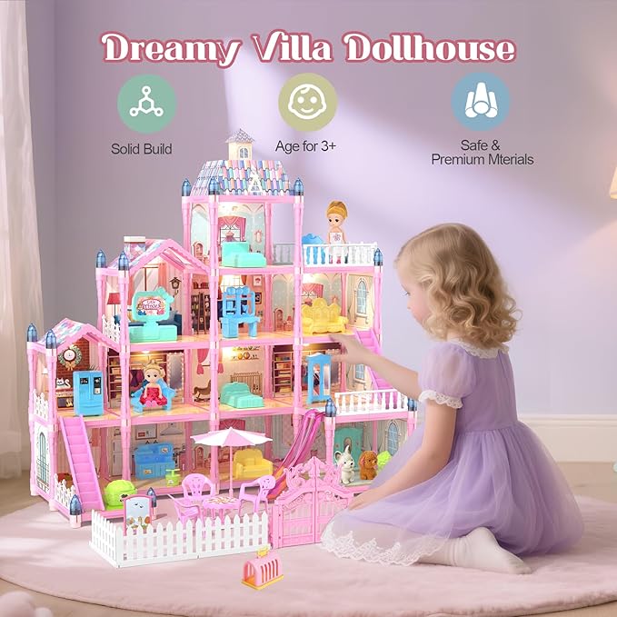 Doll House for Girls with Lights, 3 Dolls, 4 Floors -13 Rooms, 7 Sets of Furniture and Accessories, Design and Build Gift for 3 4 5 6 7 8+ Year Old Girls