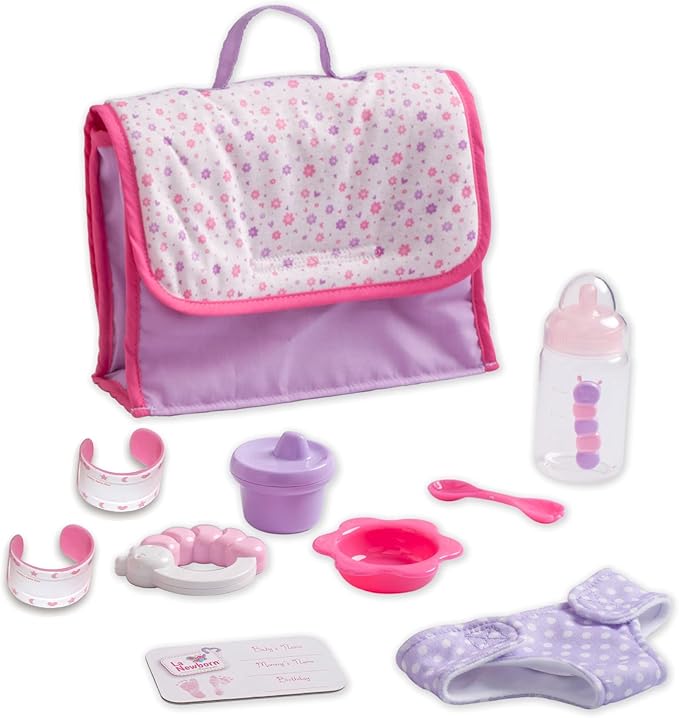 10 Piece Deluxe Diaper Bag Gift Set | Feat. 13" Realistic Smiling Baby Newborn Doll | La Newborn - JC Toys | All Vinyl | Washable | Ages 2+, Pink