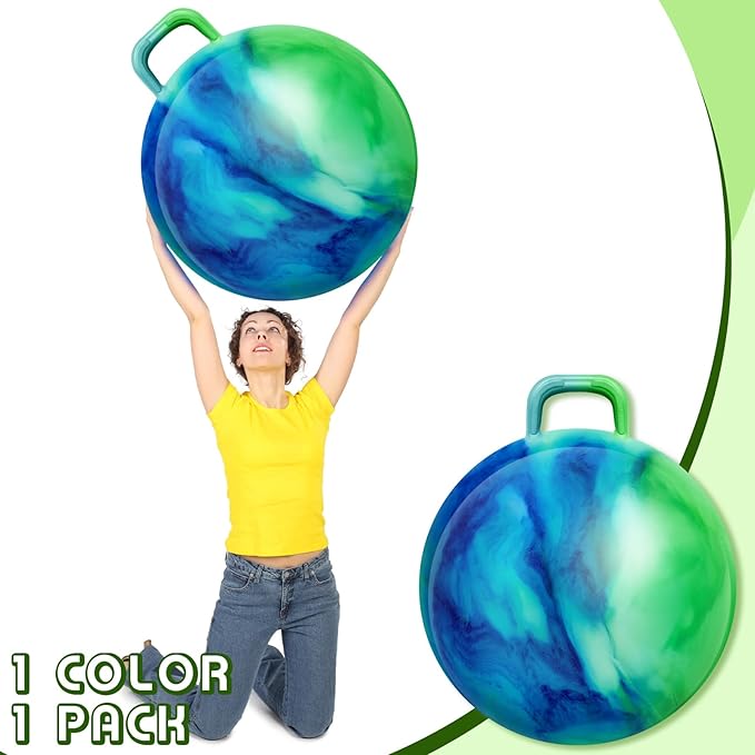 Lewtemi Hopper Ball for Adults, 29 Inch Bouncing Hippity Ball with Handle Rubber Hop, Jumping Hopping Exercise with Air Pump for Outdoors Sports Games Exercise (Blue Green Cloud)