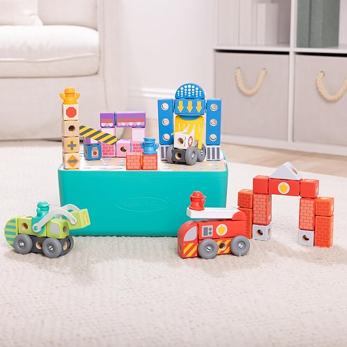 Melissa & Doug Blockables™ Deluxe City Snap and Play, Mix and Match Connectable Wooden Building Blocks Set with Storage Bin and Play Lid (122 Pcs) Ages 2 to 7- FSC Certified