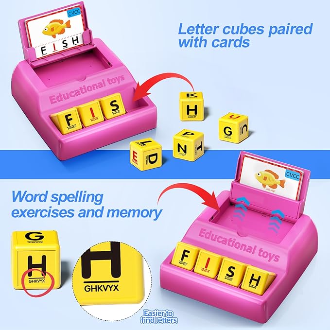 Montessori Matching Letter Game for Kids Ages 3-8 | Educational Learning Spelling Toys with Storage Function | Christmas Birthday Gifts for 3 4 5 6 Year Old Boys & Girls | Larger Pink (50% Bigger)