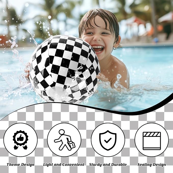 12PCS Race Car Checkered Flag Beach Ball Set–12" Vibrant Black & White Themed Beach Balls for Kids’ Racing Birthday Parties,Summer Pool Games, End of Year Class Decorations,Bulk Party Favors