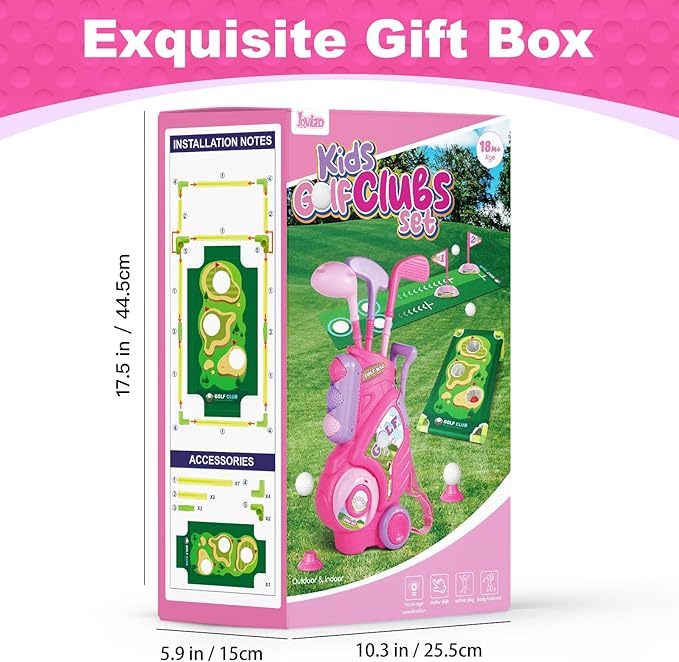 Toddler Golf Set for Boys Girls 1 2 3 4 Years Old, Upgraded Kids Golf Cart with Putting Mat & Cornhole Board, Outdoor Indoor Sports Toys, Pink