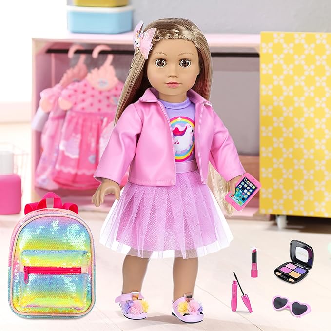 ZNTWEI American 18 Inch Doll Makeup Accessories and Clothes Sunglasses Phone Eye Shadow Lipstick Blusher Hair Clip Backpack Doll Clothes and Shoes Makeup Play Set Gifts ( No Doll )
