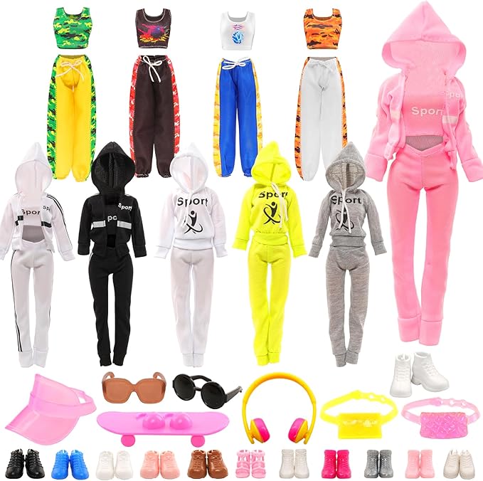 16 Pcs Doll Clothes and Accessories Including Multiple Styles Sports Suit Tops Pants Sun Hat Pocket Scooter Sunglasses Headset with 5 Shoes for 11.5 inch Girl Dolls